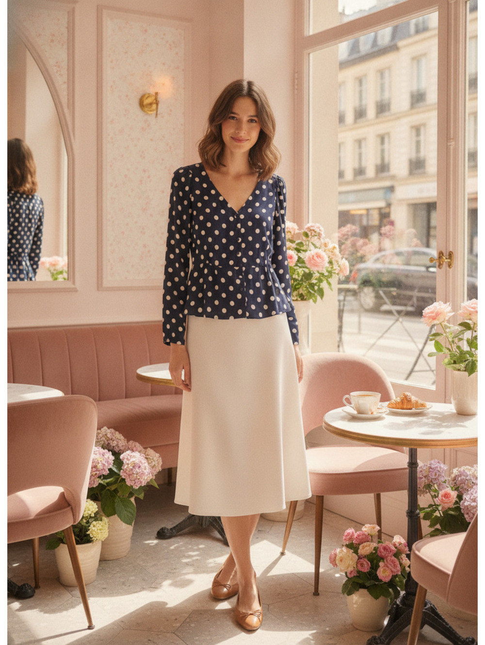 J Crew Peplum Blouse Womens 0 Navy Blue Polka Dot Viscose V Neck Button Up Top